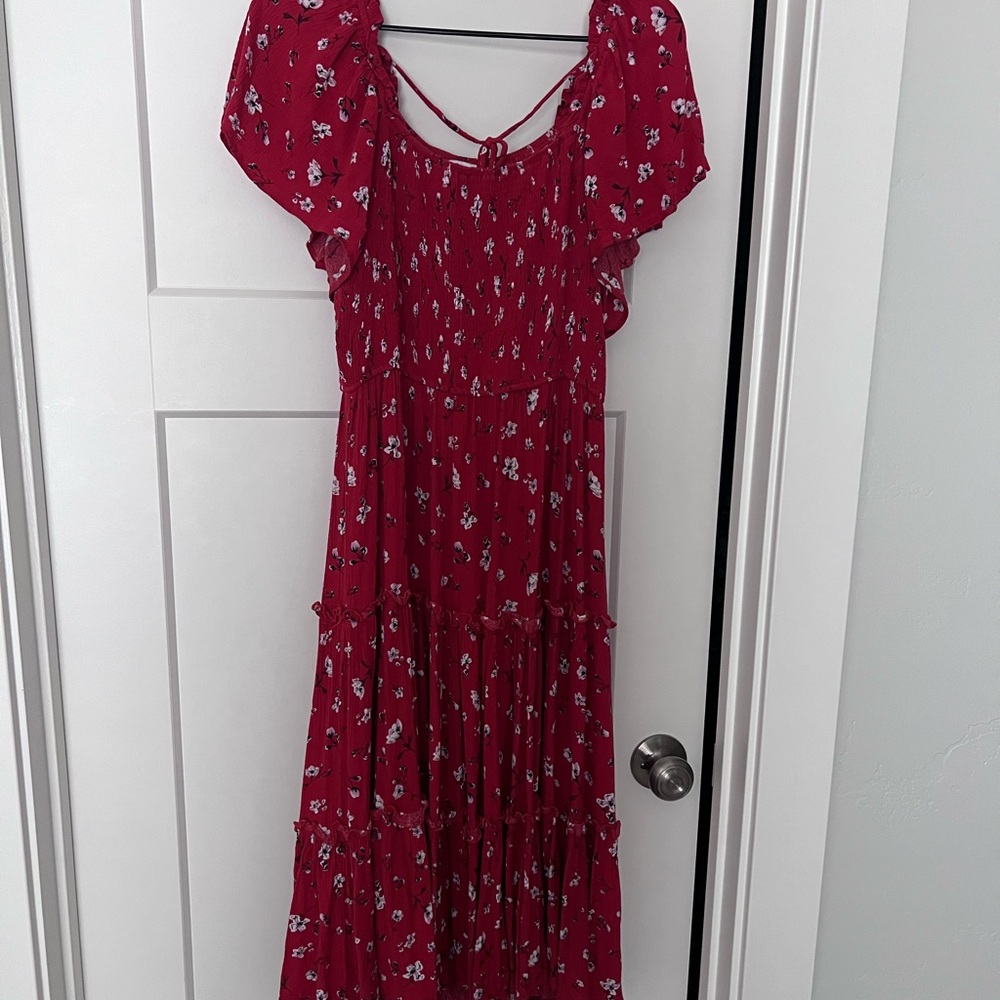 Ivy City Co Red Floral Midi Dress with Flutter Sleeves
